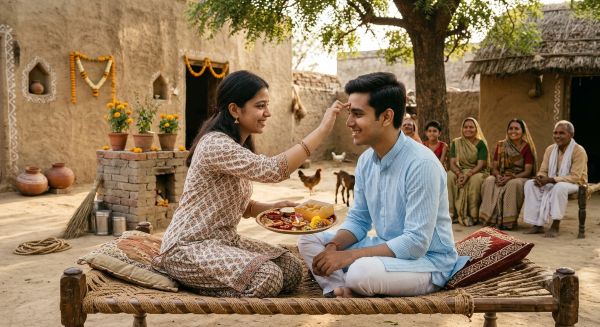 Bhai Dooj par tilak karti behen